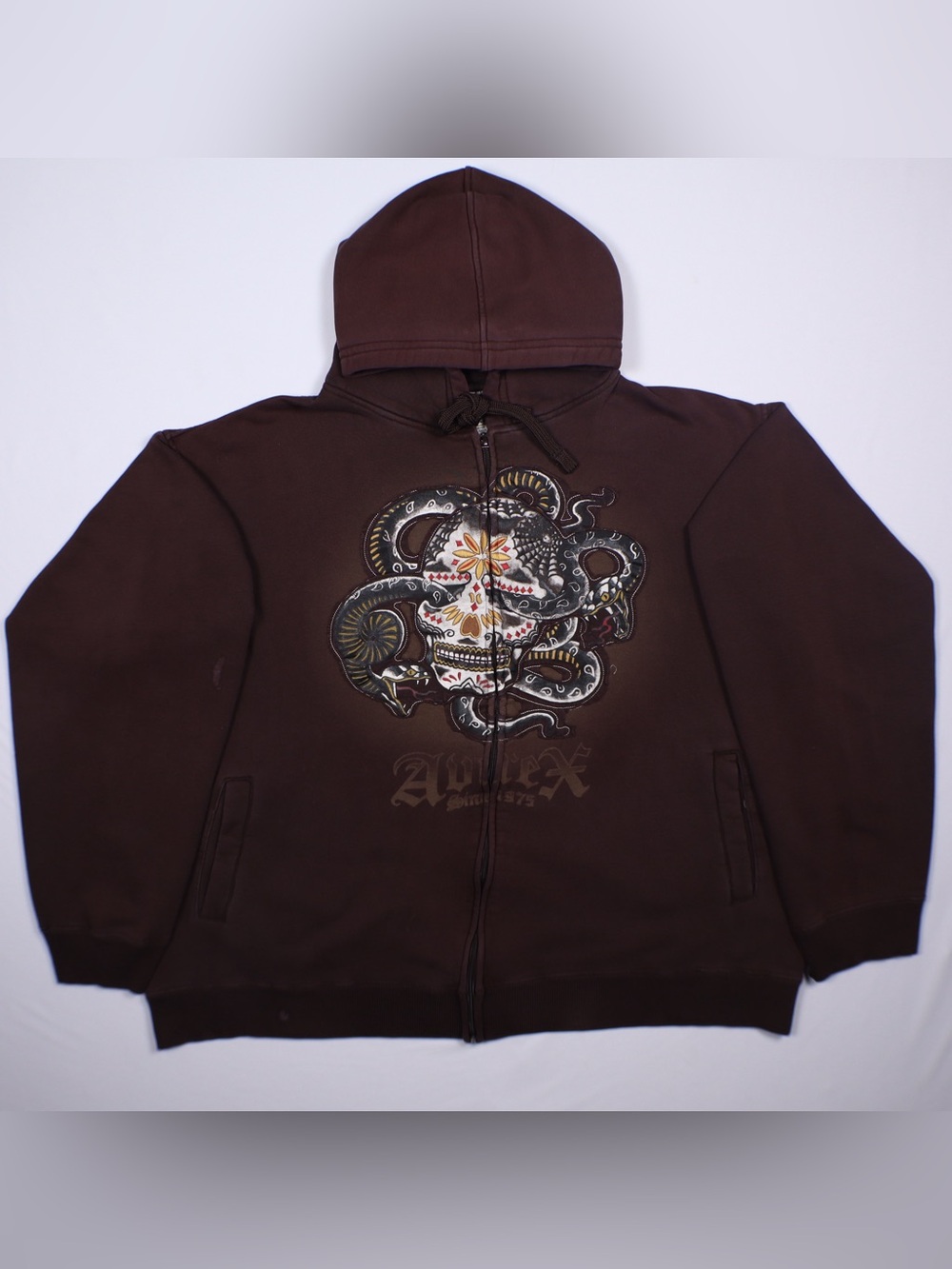 Vintage Avirex Full Zip Hoodie Mens XXL Brown Y2K Skull Snake Tattoo Graphic